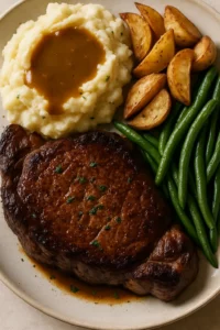 An overhead close-up of a American-style dinner plate featuring seared steak, mashed potatoes with gravy, roasted potato wedges, and sautéed green beans, filling the entire image frame.