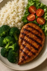 An overhead close-up of a lunch plate featuring grilled chicken breast, white rice, steamed broccoli, and a fresh salad with lettuce and cherry tomatoes, occupying the entire image frame.