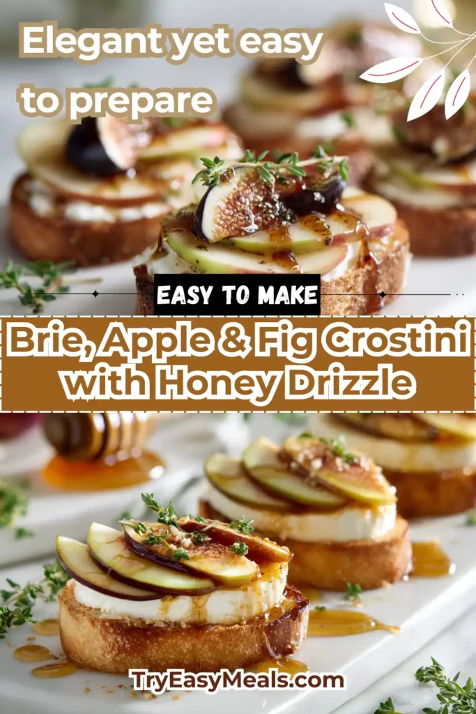 Close up of Brie Apple Fig Crostini topped with honey and thyme served on a modern white platter