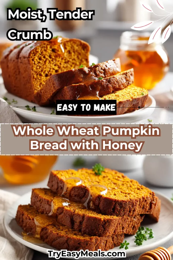 Close up of moist whole wheat pumpkin bread with honey sliced on a modern white plate with golden crust