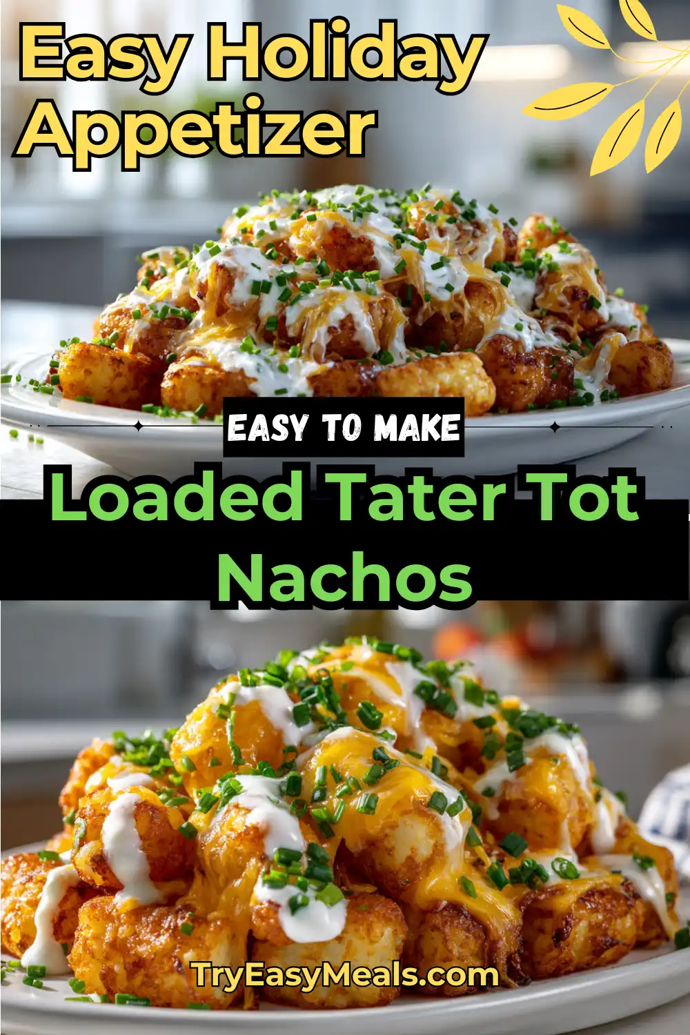Crispy loaded tater tot nachos topped with sour cream chives cheese and savory beef