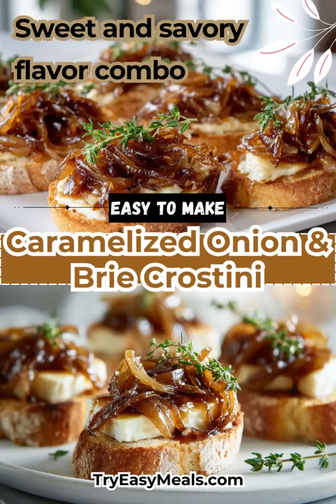 Golden toasted crostini with melted brie and caramelized onions served on white plate