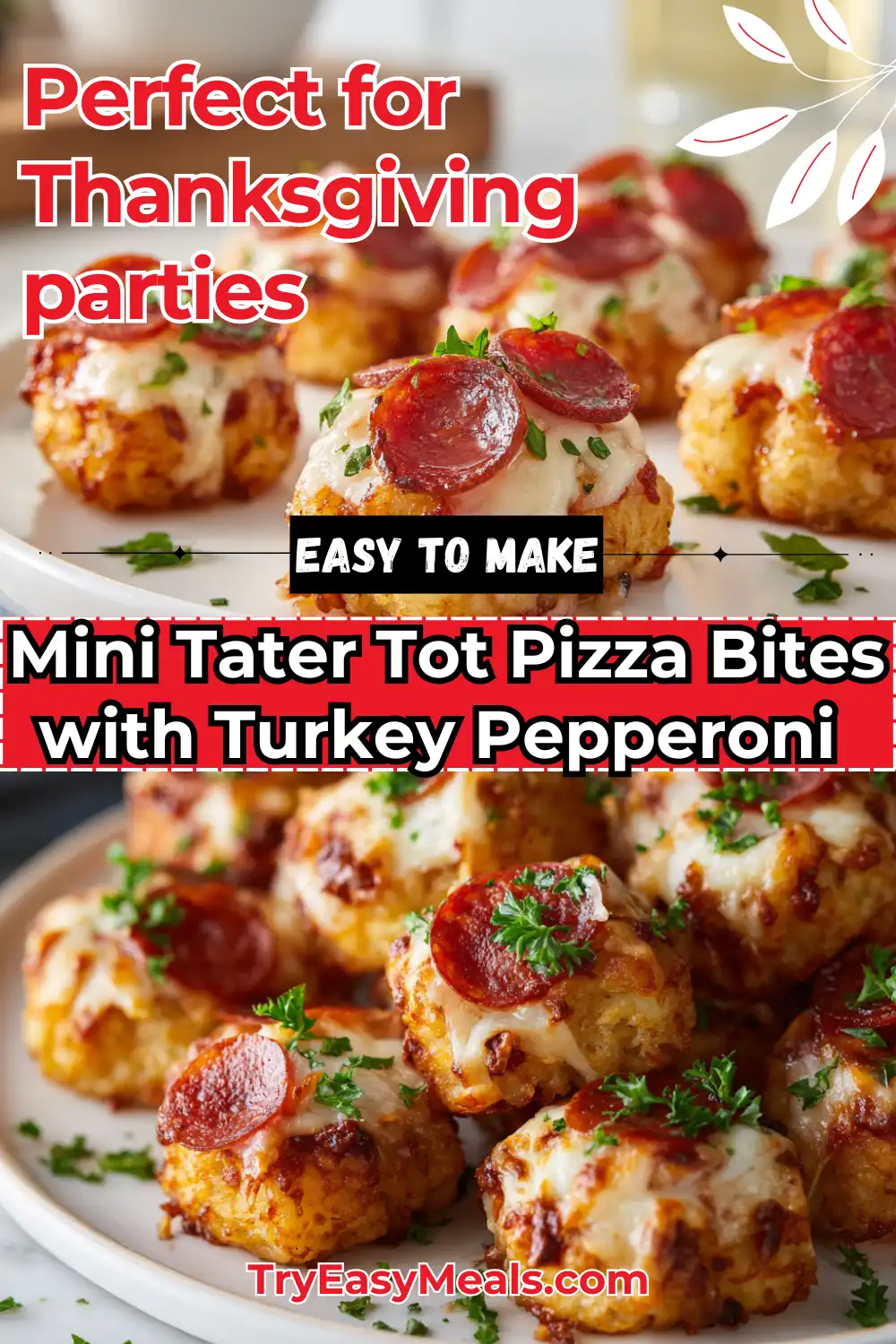 Mini Tater Tot Pizza Bites topped with BBQ chicken and melted cheese served on a party tray