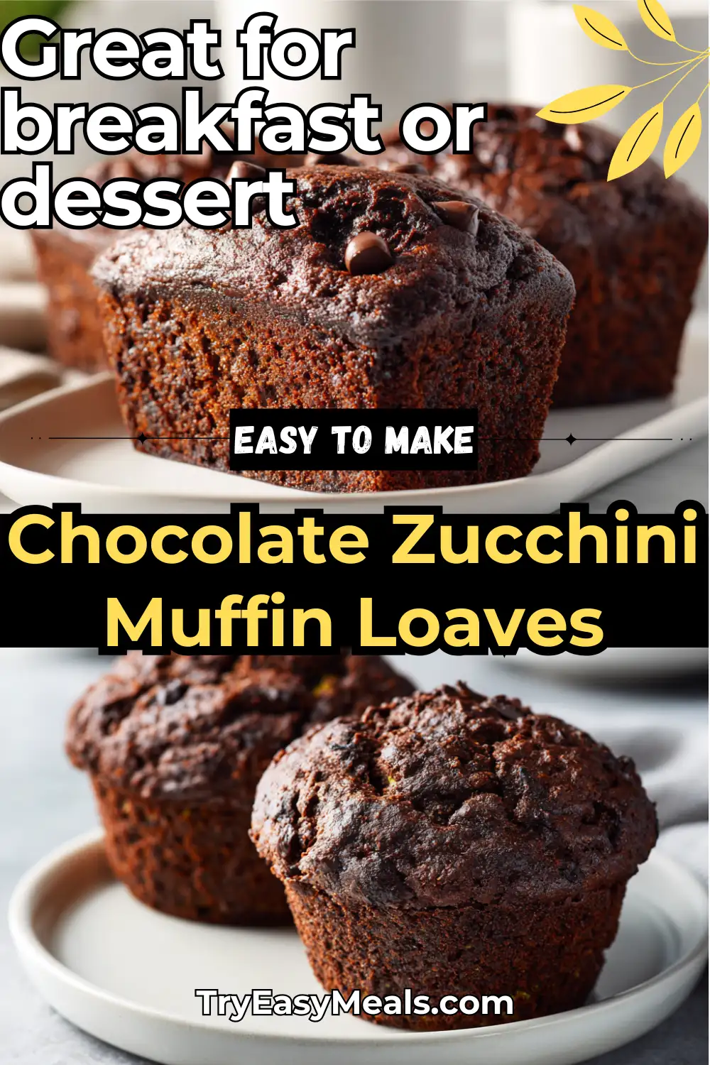 Mini chocolate zucchini muffin loaves topped with melted chocolate chips