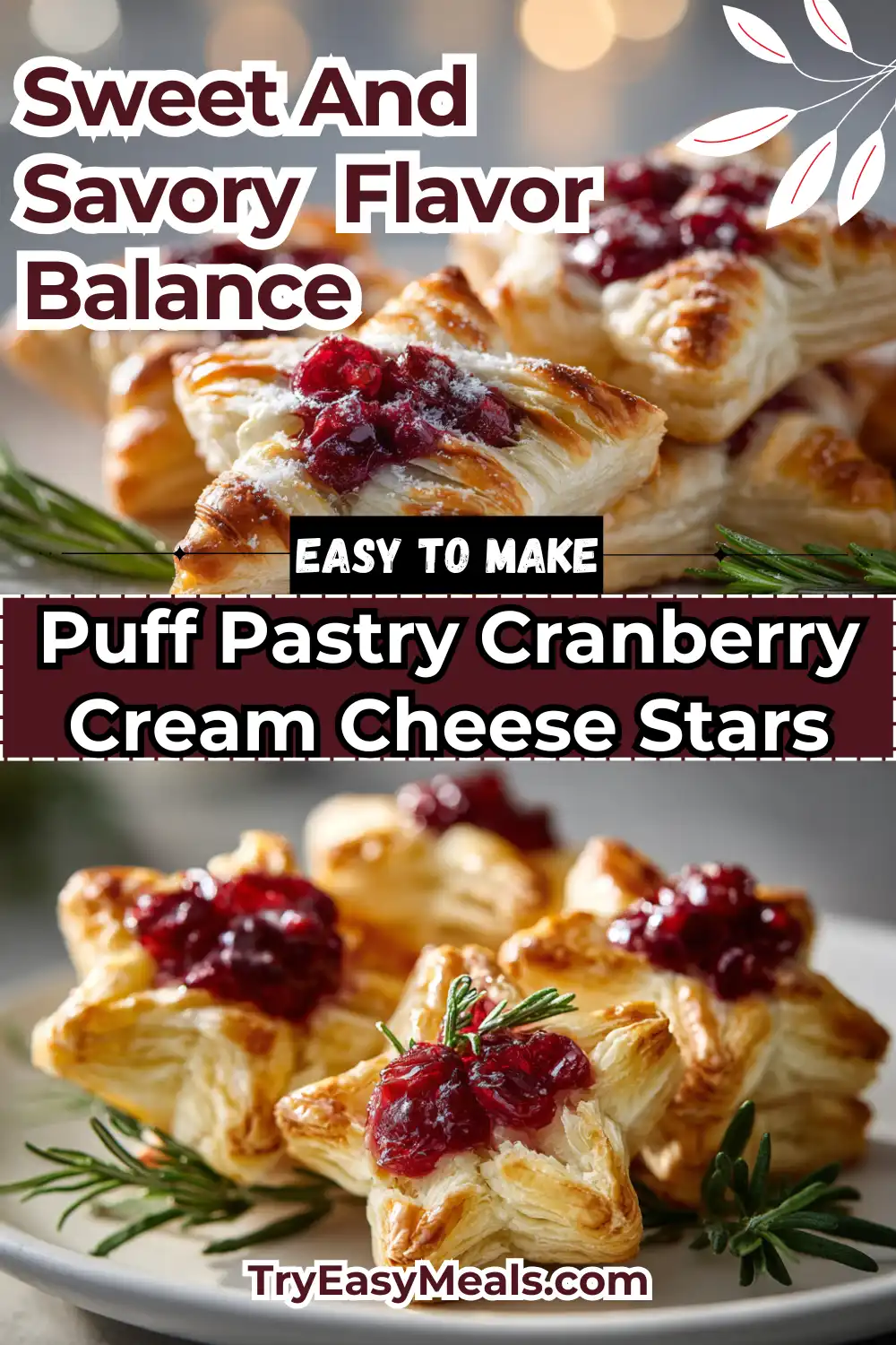 Puff pastry cranberry cream cheese stars topped with cranberry sauce and herbs on a white plate. 1