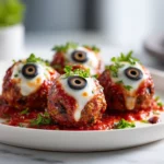 Spooky Bloody Eyeball Meatballs with mozzarella centers and olive pupils served with marinara for a gory Halloween effect