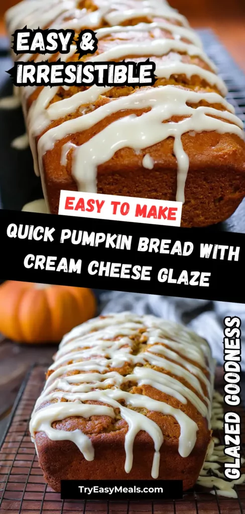 A loaf of pumpkin bread drizzled with cream cheese glaze on a wooden board – the best pumpkin dessert