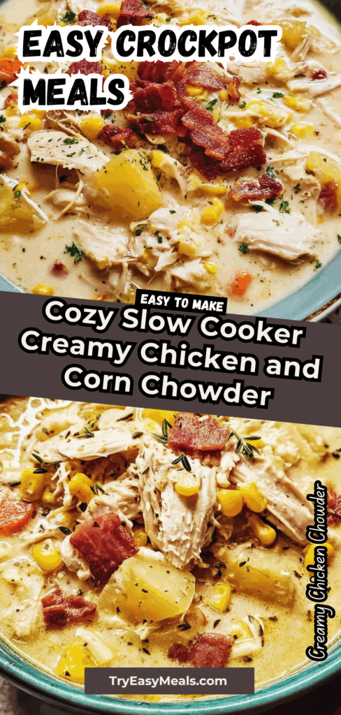 A warm bowl of creamy slow cooker chicken and corn chowder made with chicken breast perfect for healthy crockpot meals and cozy dump and go dinners