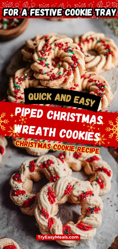 Christmas wreath cookies piped with butter dough perfect for holiday cookies Christmas parties