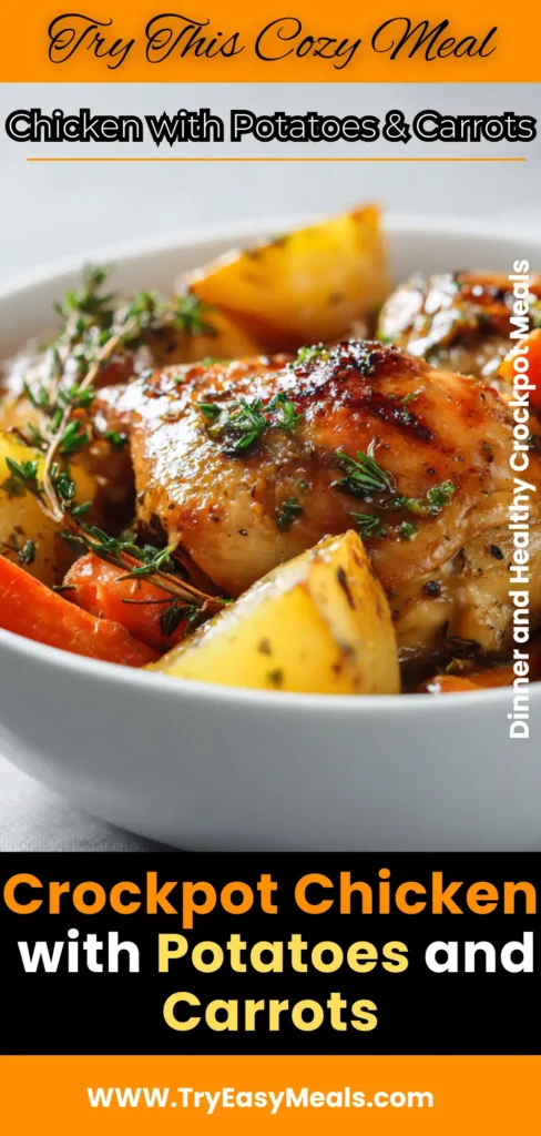 Close up of Crockpot Chicken with Potatoes and Carrots featuring tender chicken hearty vegetables and savory broth — perfect for Healthy Crockpot Meals