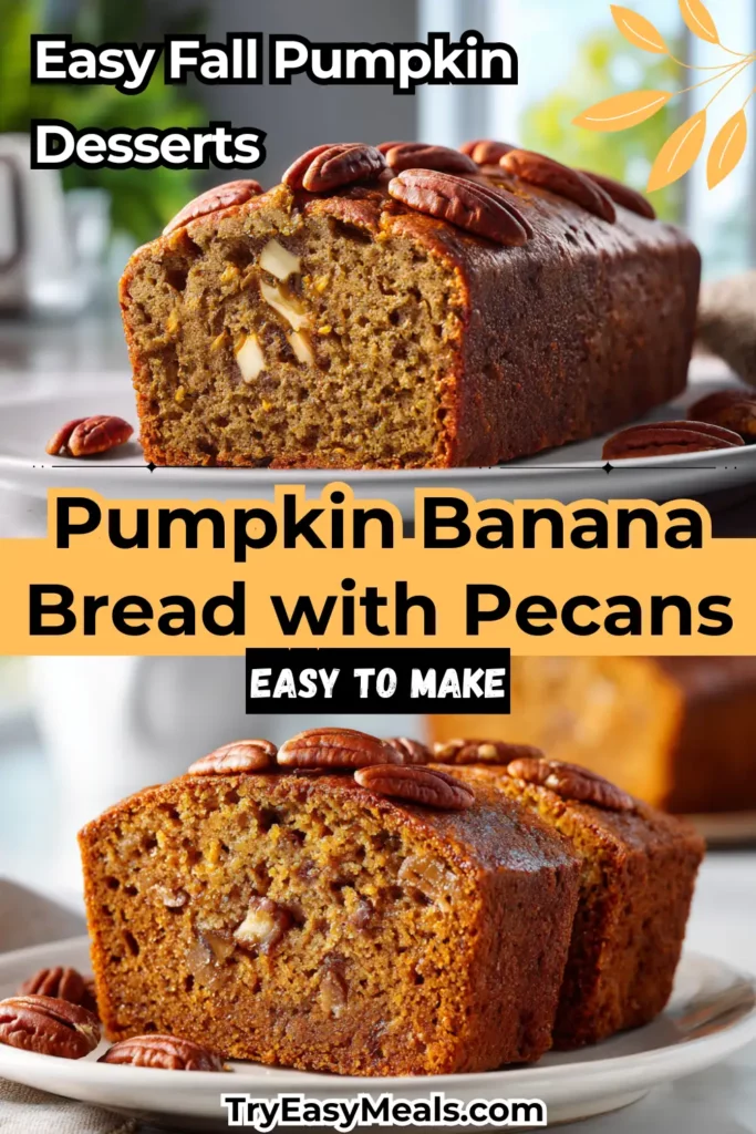 Close up of Pumpkin Banana Bread with Pecans golden crust moist texture and crunchy pecan topping on a clean white plate
