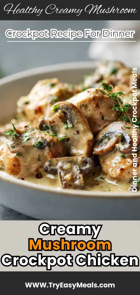 Creamy Mushroom Crockpot Chicken served with mushrooms and creamy sauce in a slow cooker perfect for Healthy Crockpot Recipes and Easy Crockpot Meals