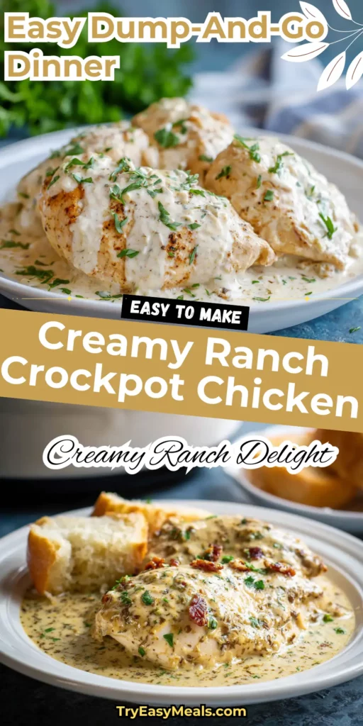 Creamy Ranch Crockpot Chicken served with creamy ranch sauce perfect Healthy Crockpot Recipe for dinner