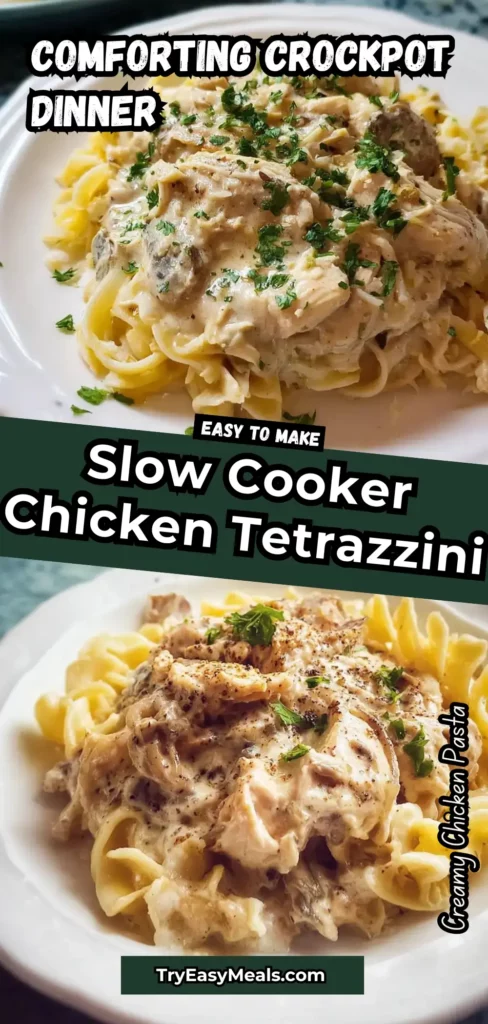 Creamy crockpot chicken tetrazzini served with noodles a simple healthy chicken recipe perfect for easy crockpot meals