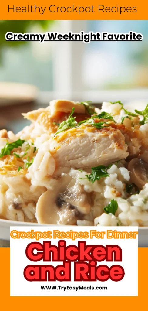 Crockpot Chicken and Rice Casserole with tender chicken creamy rice and vegetables in a slow cooker – cozy and healthy meal