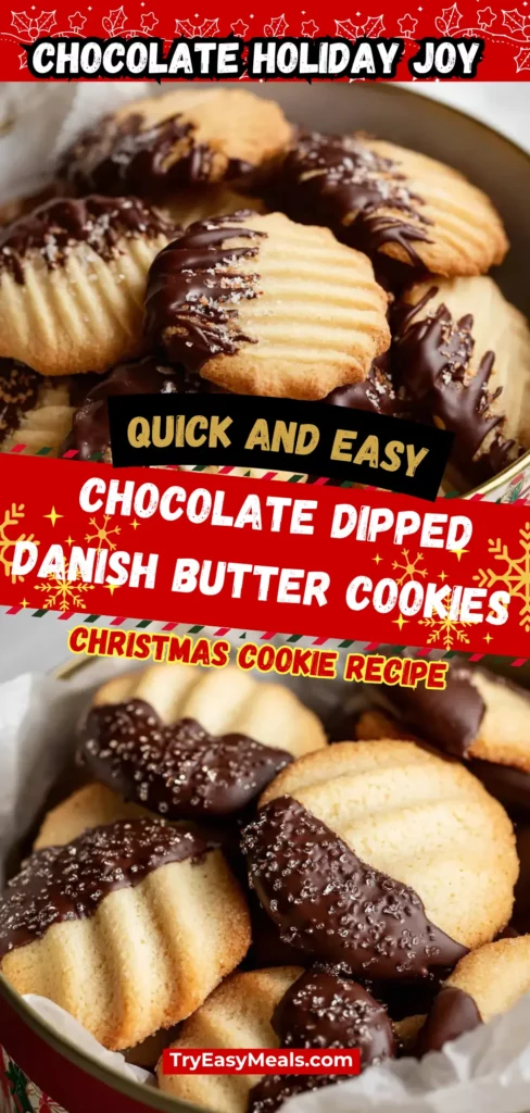 Danish chocolate dipped butter cookies on a holiday tray perfect for Christmas sweets and holiday cookies