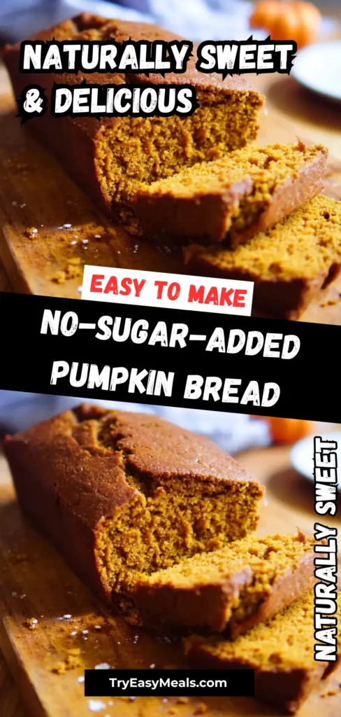 Healthy No-Added-Sugar Pumpkin Banana Bread 1 Fresh loaf of pumpkin bread with no sugar added sliced on rustic cutting board