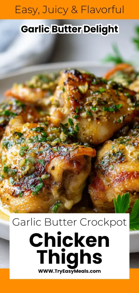 Garlic Butter Crockpot Chicken Thighs with rich garlic sauce ideal for Healthy Crockpot Meals and Easy Crockpot Dinners