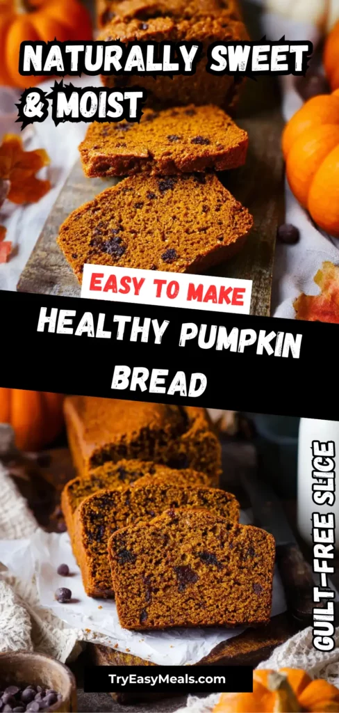 Healthy pumpkin bread loaf on cooling rack surrounded by fall decor