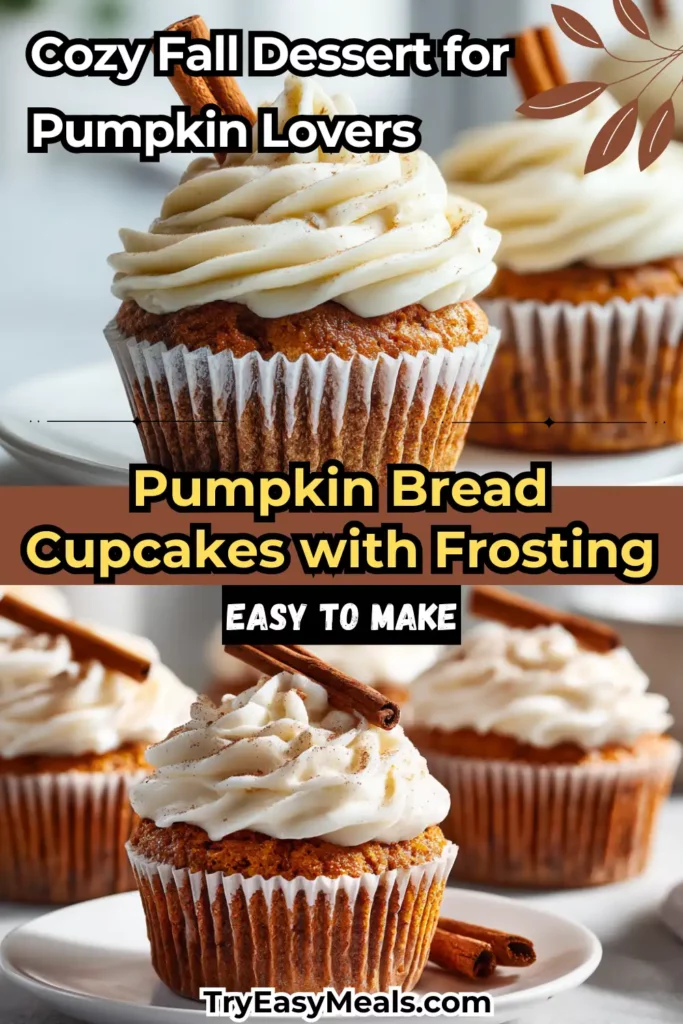 Moist Pumpkin Bread Cupcakes with Frosting on white plate cozy fall dessert for easy pumpkin baking