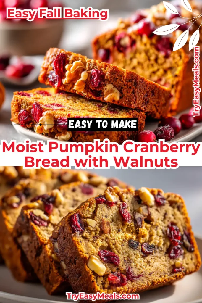 Pumpkin Cranberry Bread with Walnuts: Moist, Nutty, and Perfect for Fall 1 Moist Pumpkin Cranberry Bread with Walnuts on a white plate showing golden crust and tart cranberry pieces perfect for fall baking inspiration
