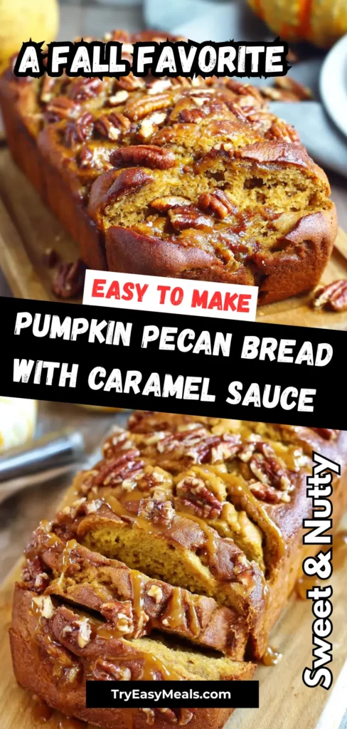 Pumpkin pecan loaf topped with caramel drizzle – a fall inspired dessert recipe