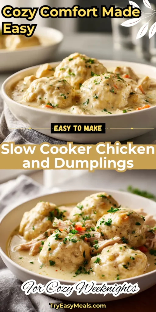 Slow Cooker Chicken and Dumplings with fluffy biscuit dumplings and tender chicken in creamy sauce