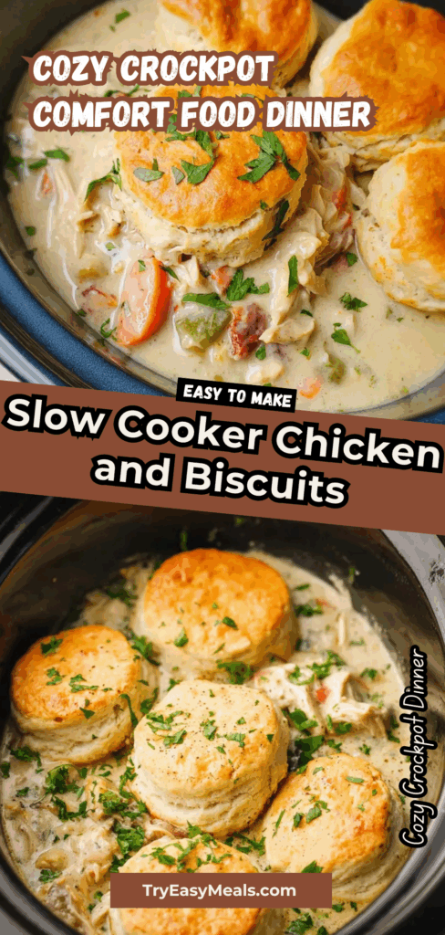 Slow cooker chicken and biscuits with creamy sauce and tender chicken breast a perfect healthy crockpot recipe for comforting dinners