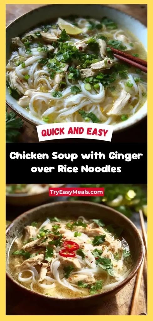 Easy Feel Good Chicken Soup with Ginger over Rice Noodles
