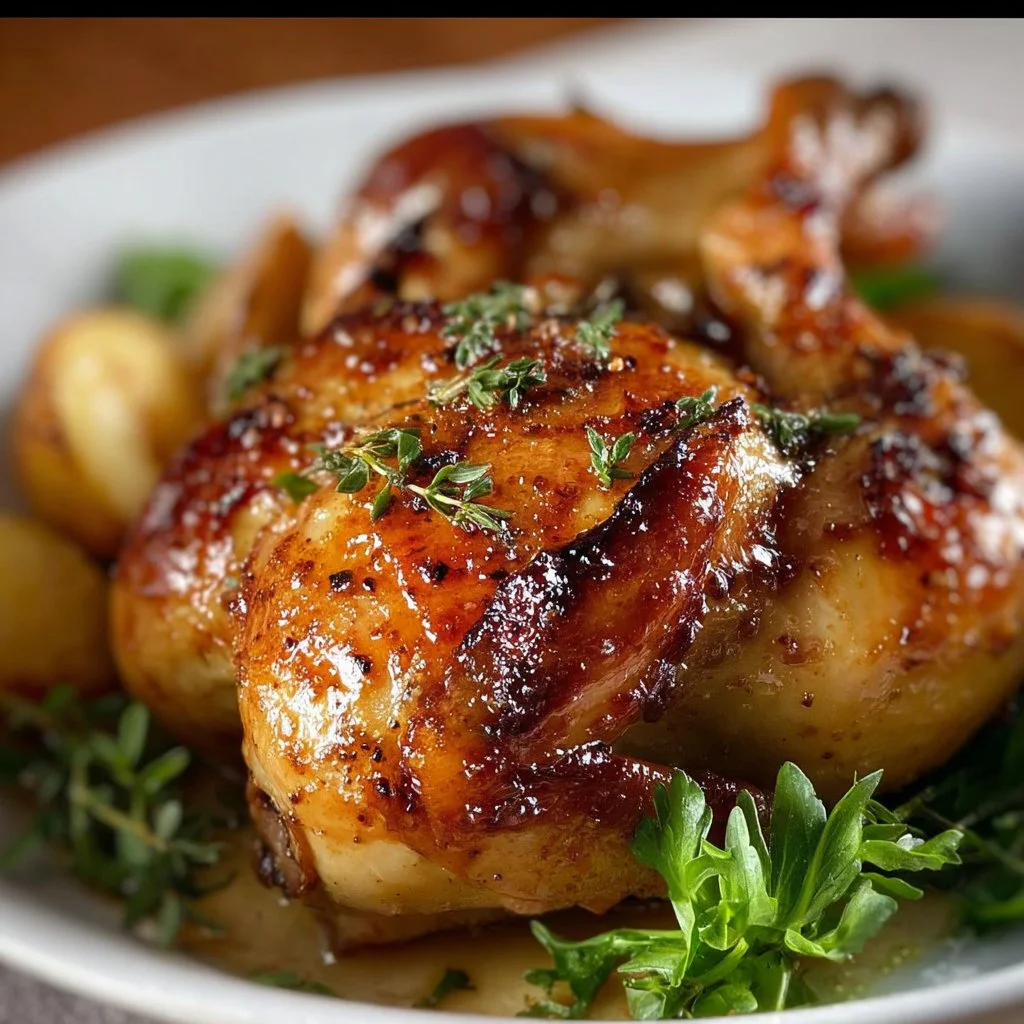Maple Cider Glazed Cornish Hen 1 Maple Cider Glazed Cornish Hen served on a rustic wooden table.