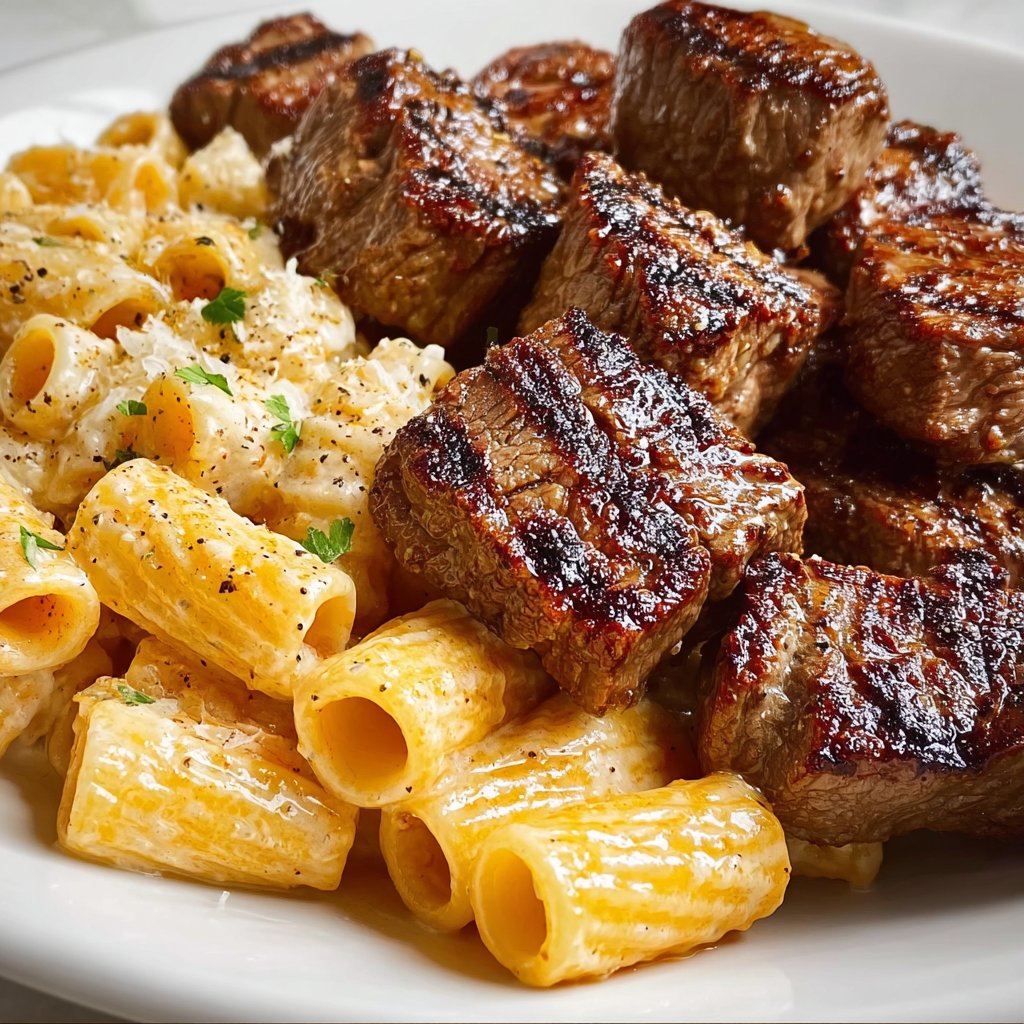Cajun Steak Tips with Creamy Parmesan Rigatoni