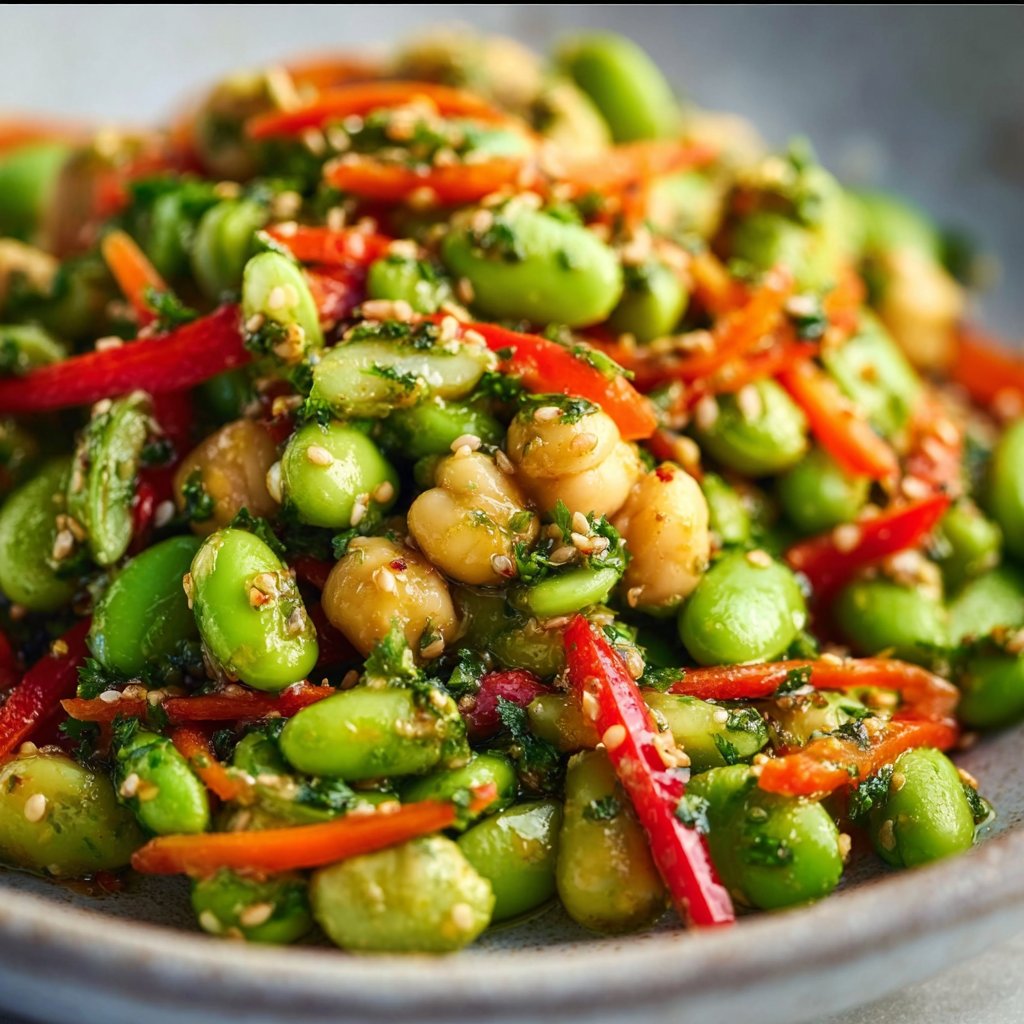 Chickpea Edamame Salad with Ginger Sesame Vinaigrette