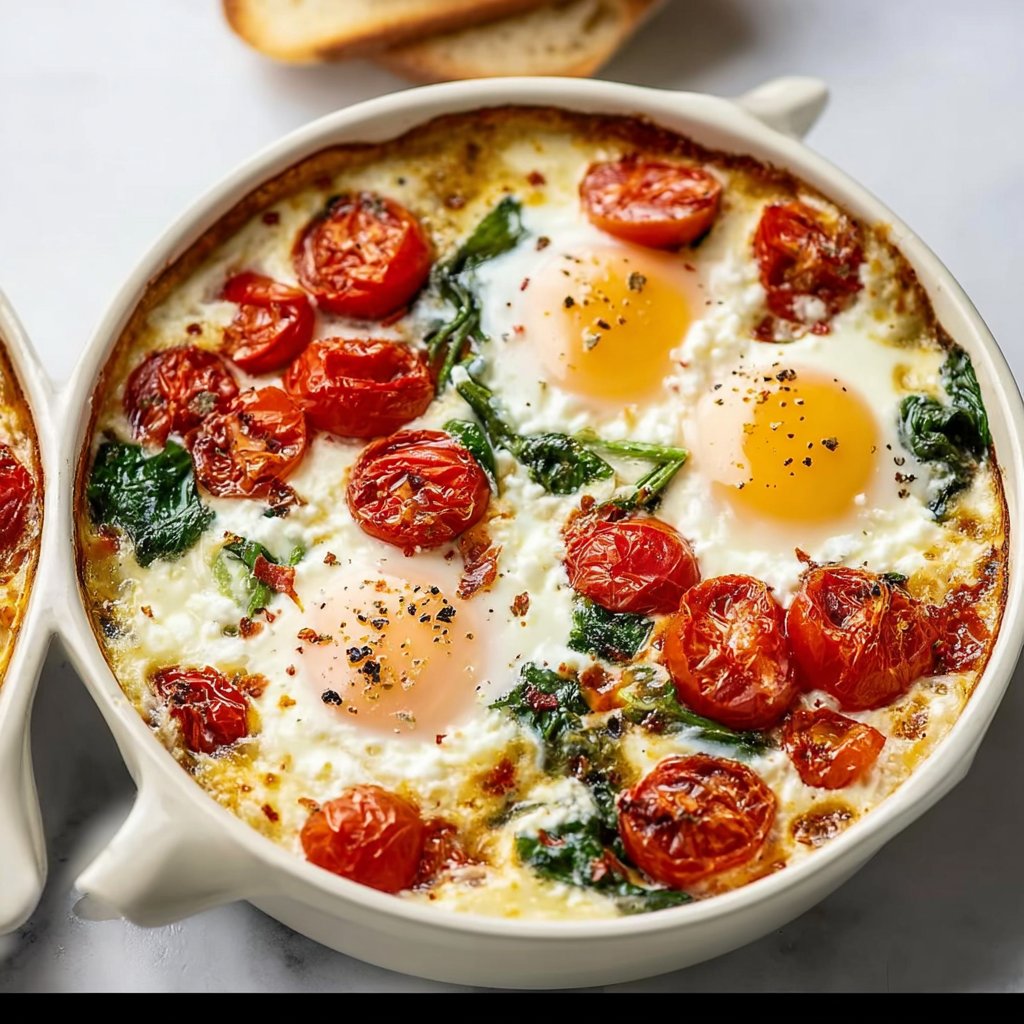 Baked Feta Eggs with Tomatoes and Spinach 1 Baked Feta Eggs with Tomatoes and Spinach