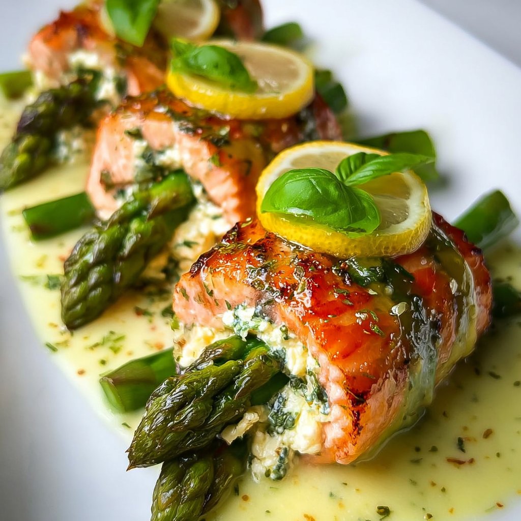 Asparagus and Lemon Basil Ricotta Stuffed Salmon Rolls with Lemon Sauce