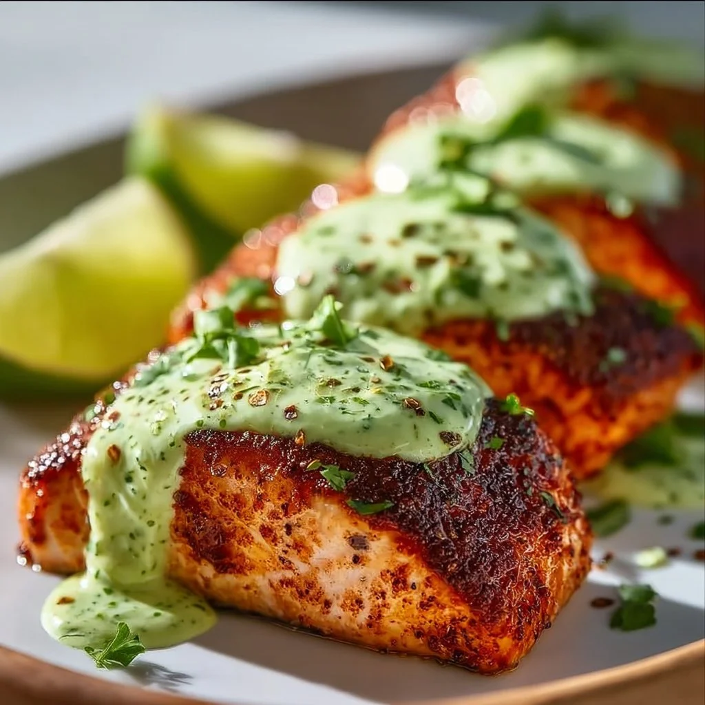 Baked Cajun Salmon with Creamy Avocado Lime Sauce