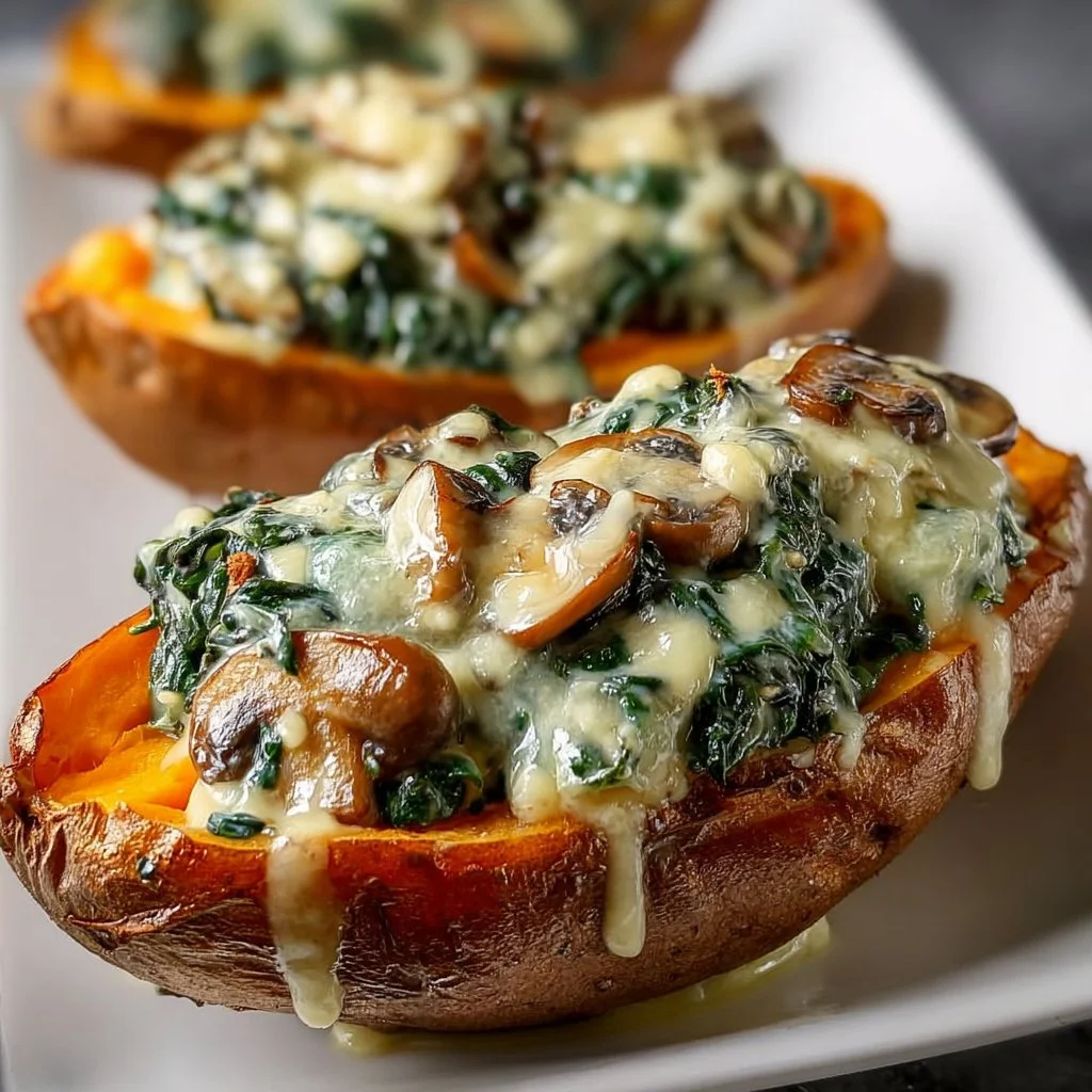 Creamy Mushroom and Spinach Stuffed Sweet Potatoes