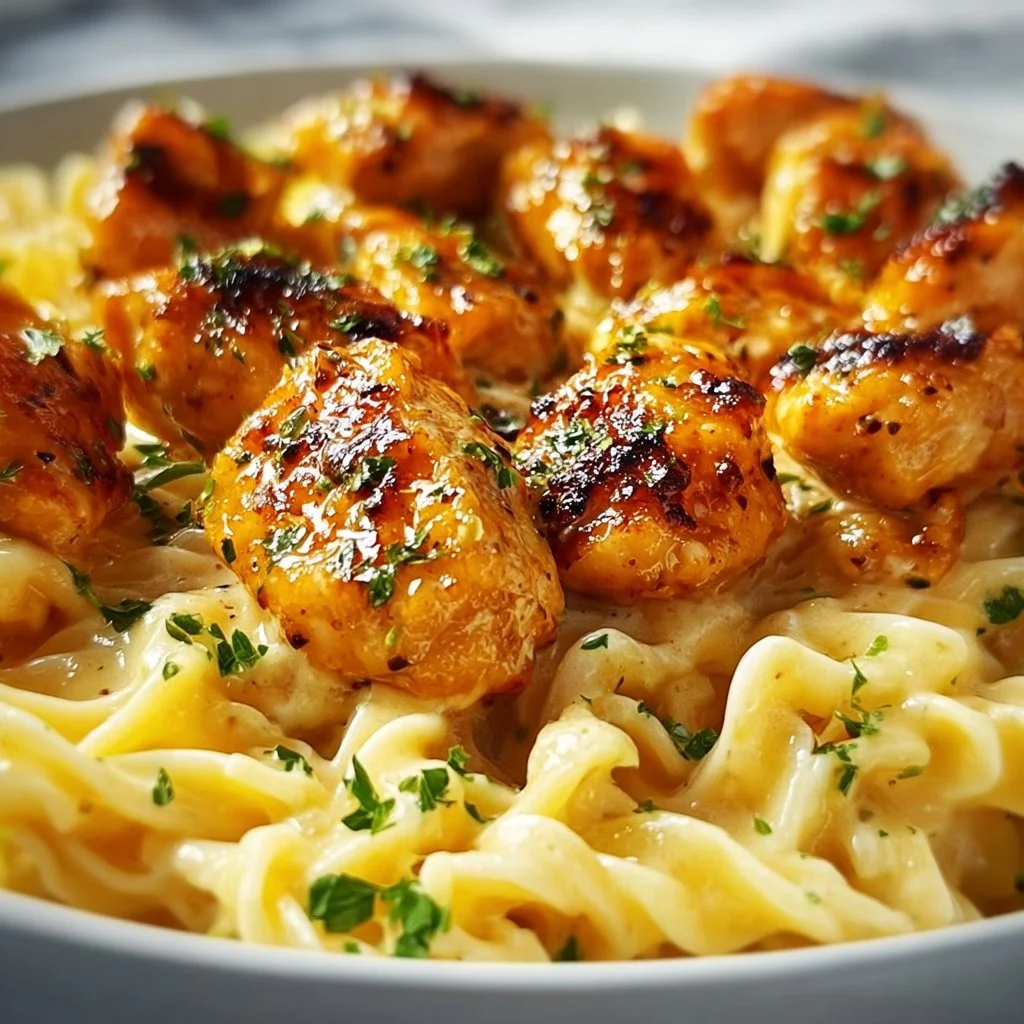 Garlic Butter Chicken Bites with Savory Creamy Parmesan Pasta