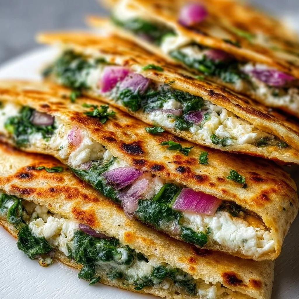 Mediterranean Quesadillas with Spinach, Feta, Mozzarella, and Red Onion