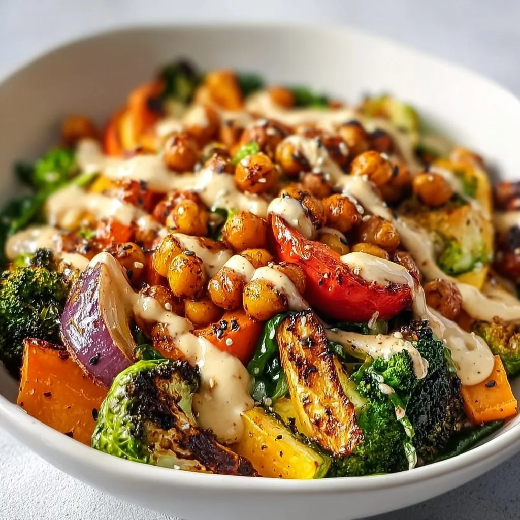 Roasted Vegetable and Chickpea Bowl with Maple Dijon Tahini Dressing