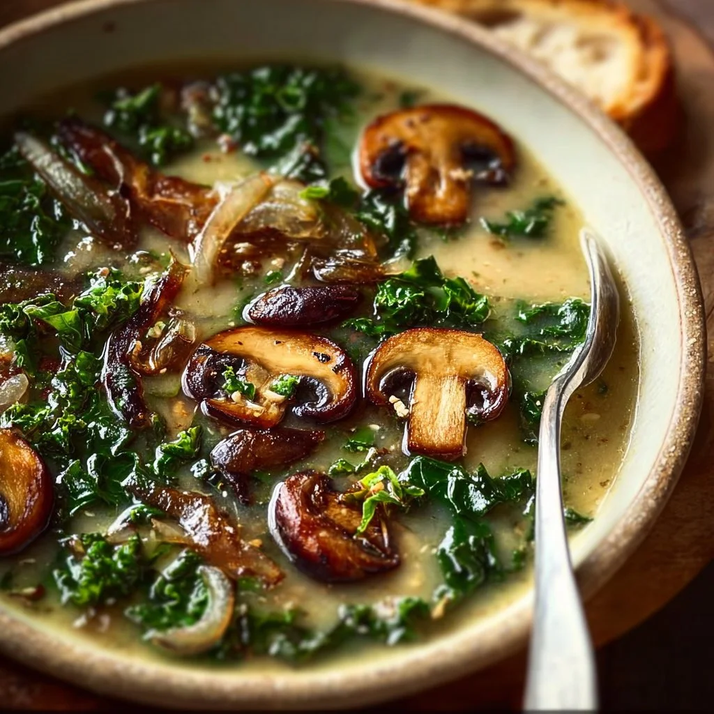 Wild Mushroom, Caramelized Onion, and Kale Soup