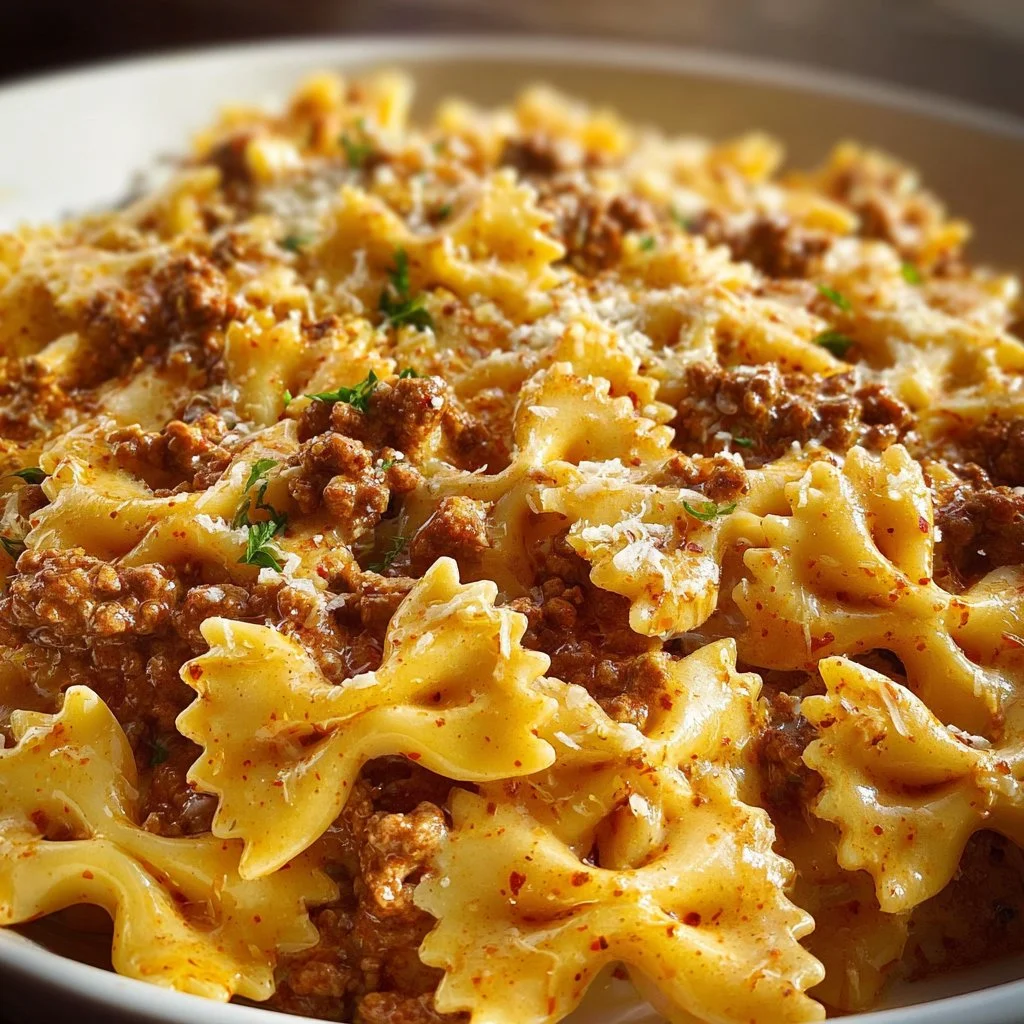 Cajun Cream Cheese Alfredo Bowties with Spiced Ground Beef