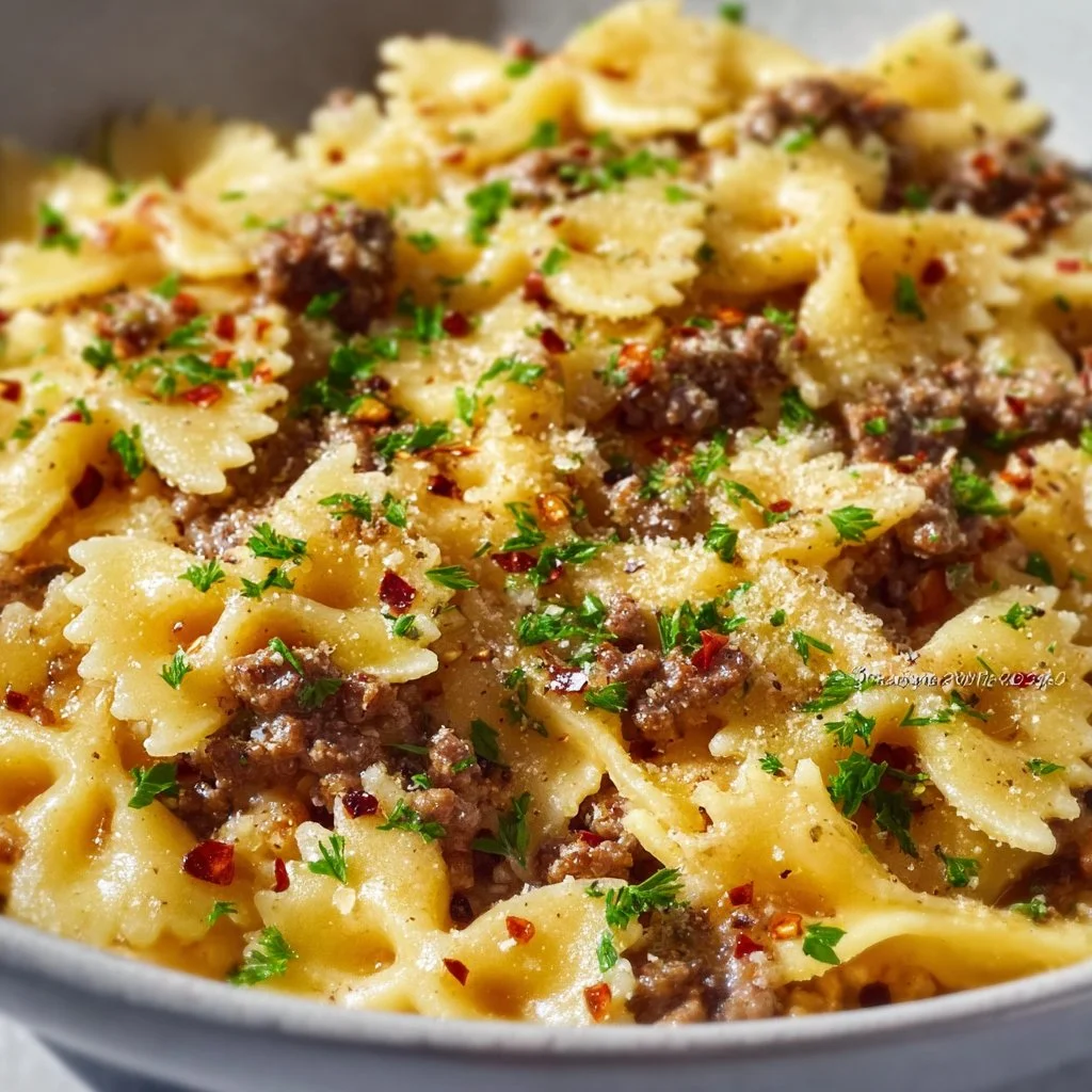 Garlic Butter Bowtie Pasta with Ground Beef