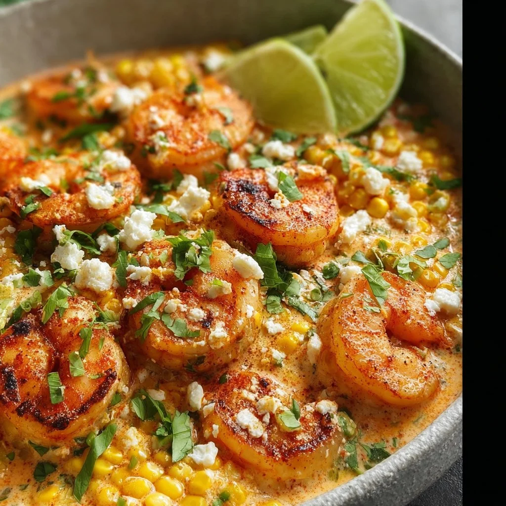 Mexican Street Corn with Shrimp and Creamy Feta Cheese Sauce