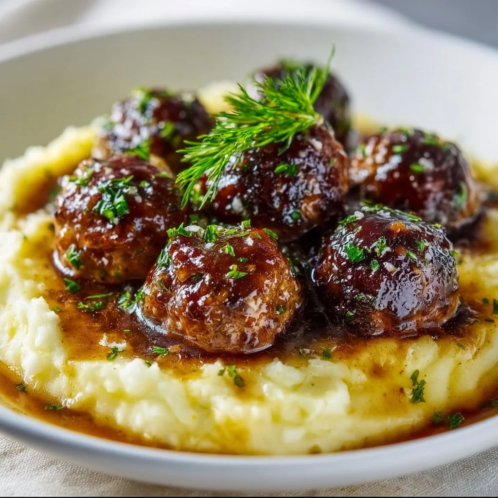 Salisbury Steak Meatballs with Garlic Herb Mashed Potatoes