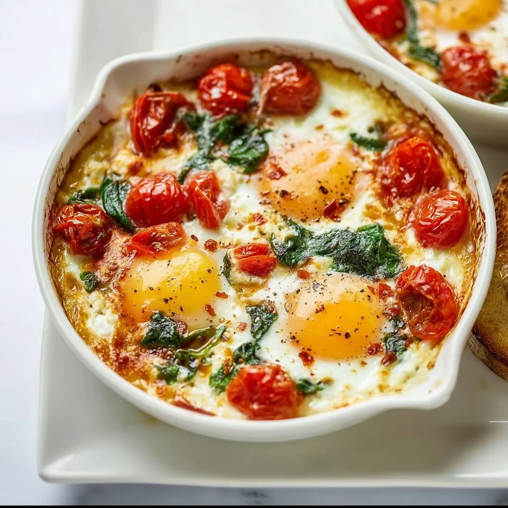 Baked Feta Eggs with Tomatoes and Spinach
