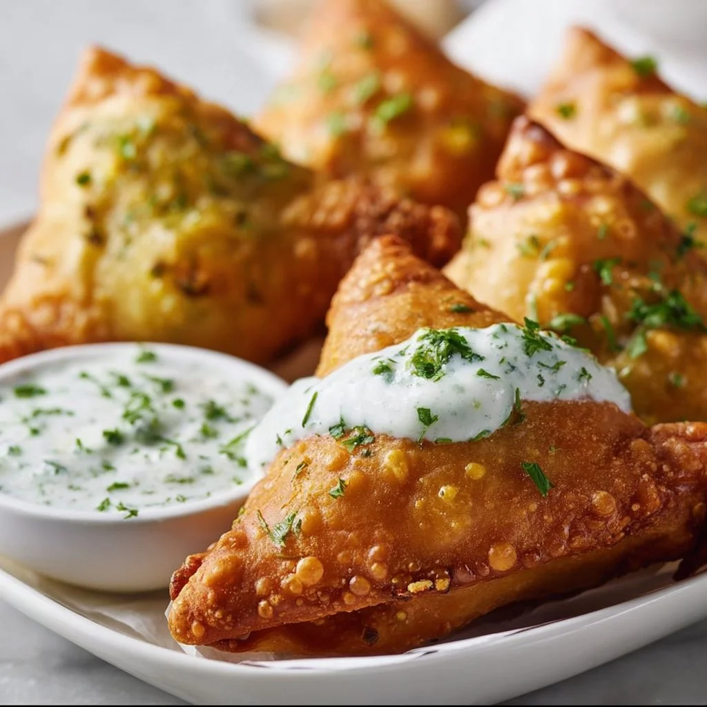 Crispy Vegetarian Samosas with Cilantro-Yogurt Sauce