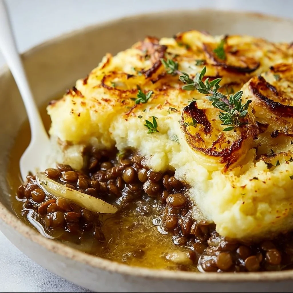 French Onion Shepherd’s Pie with Lentils and Creamy Cauliflower Potato Mash