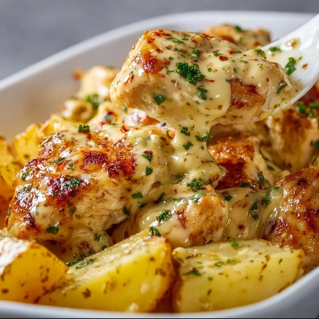High-Protein Creamy Garlic Cheesy Chicken & Potatoes