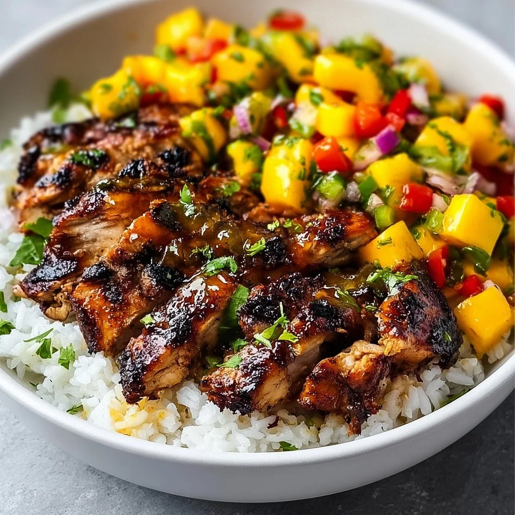 Jerk Chicken Bowls with Mango Salsa and Coconut Rice