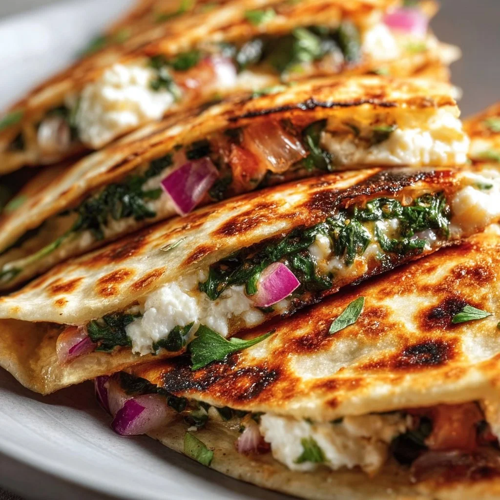 Mediterranean Quesadillas with Spinach, Feta, Mozzarella, and Red Onion